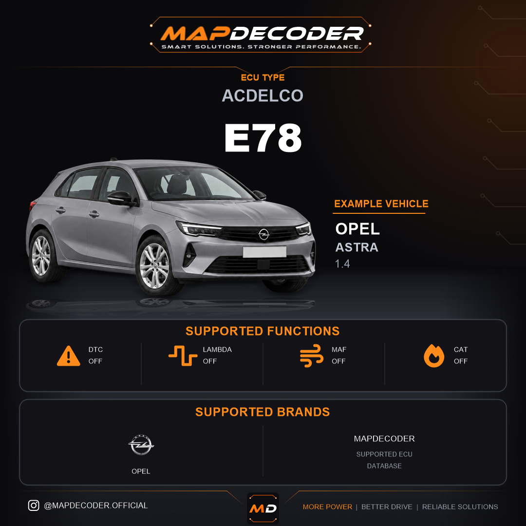 ACDelco E78 ECU — supported tuning functions: Catalyst Off, Lambda / O2, MAF Off — 854 mapped DTC codes