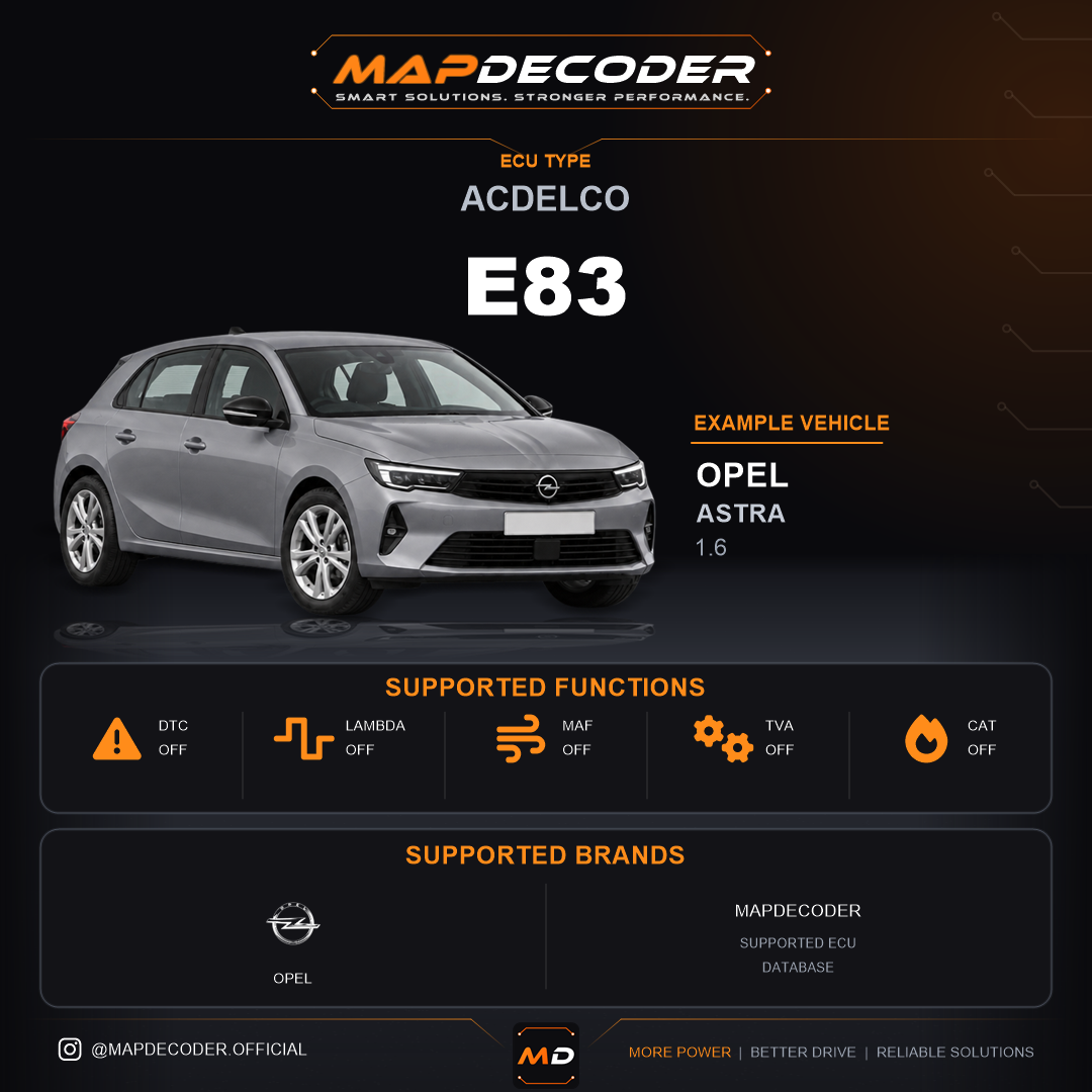 ACDelco E83 ECU — supported tuning functions: Catalyst Off, Lambda / O2, MAF Off, Throttle Valve (TVA) — 601 mapped DTC codes