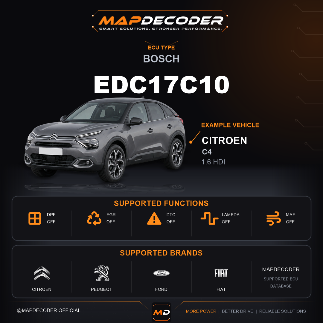 Bosch EDC17C10 ECU — supported tuning functions: Additive (Eolys) Off, DPF Off, EGR Off, Lambda / O2, MAF Off — 595 mapped DTC codes