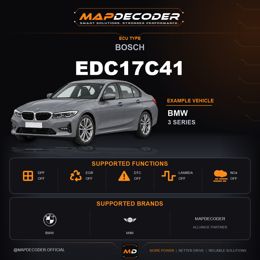 Bosch EDC17C41 ECU — supported tuning functions: Catalyst Off, DPF Off, EGR Off, Lambda / O2, MAF Off — 2,724 mapped DTC codes