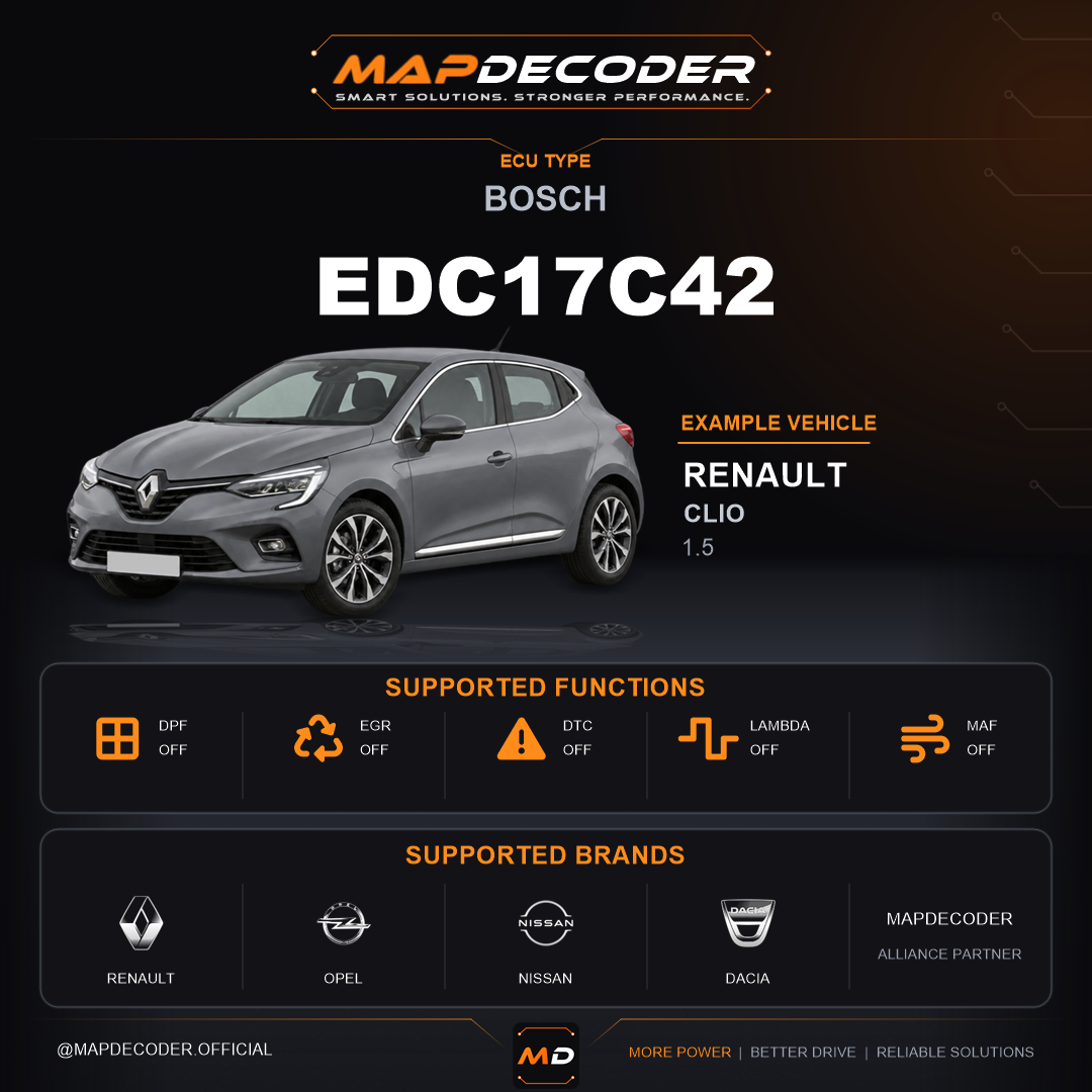 Bosch EDC17C42 ECU — supported tuning functions: DPF Off, EGR Off, Lambda / O2, MAF Off, Speed Limiter (VMAX) Off — 426 mapped DTC codes