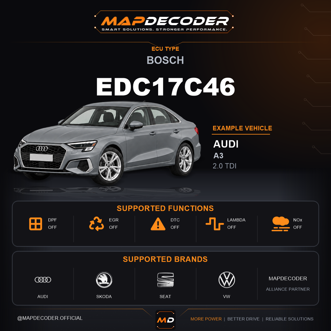 Bosch EDC17C46 ECU — supported tuning functions: DPF Off, EGR Off, Lambda / O2, MAF Off, NOx Off — 651 mapped DTC codes
