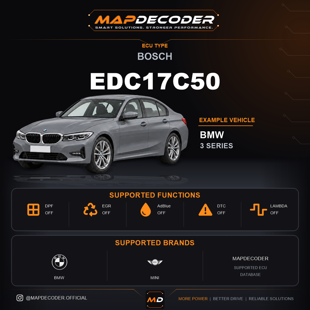 Bosch EDC17C50 ECU — supported tuning functions: AdBlue / SCR Off, DPF Off, EGR Off, Lambda / O2, MAF Off — 2,522 mapped DTC codes