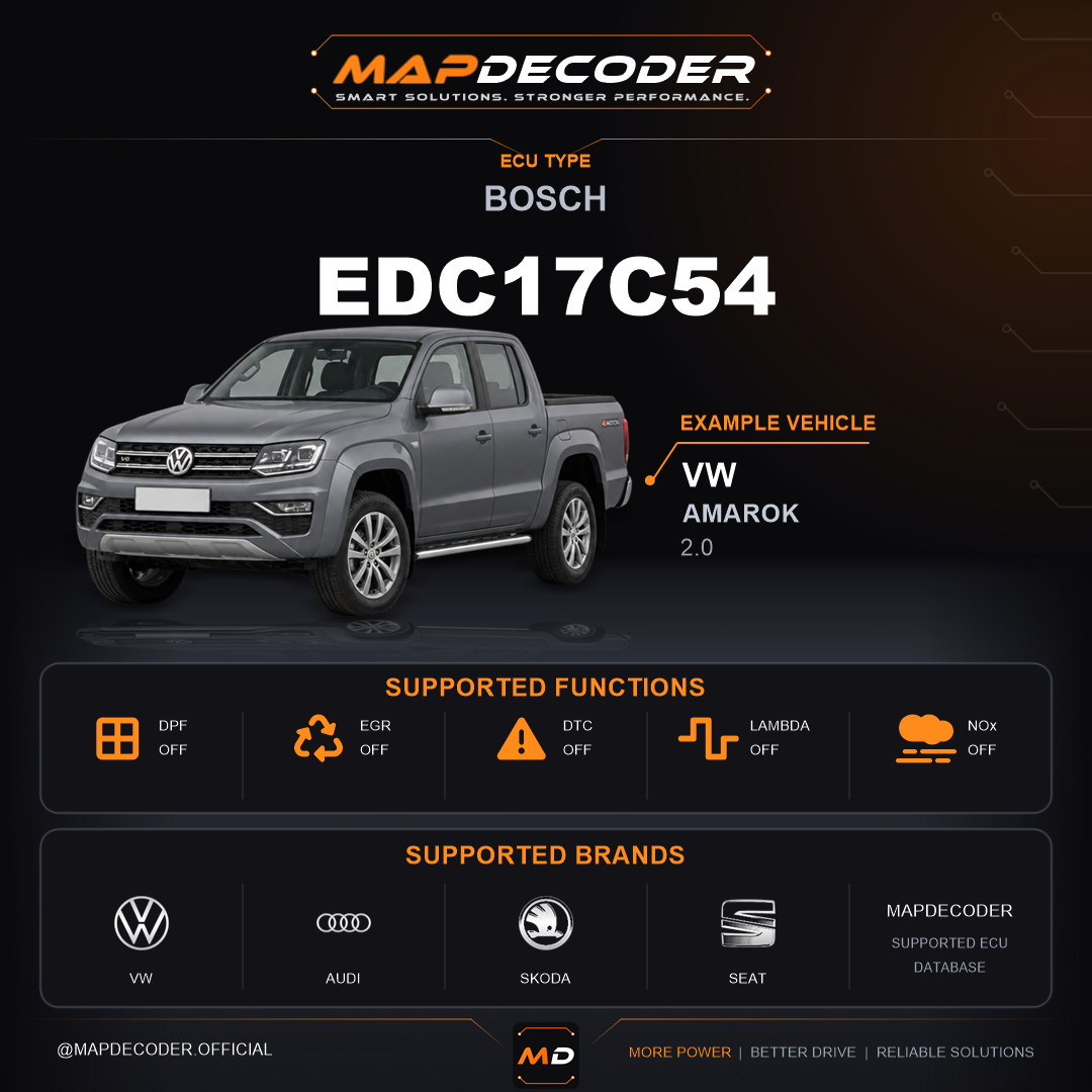 Bosch EDC17C54 ECU — supported tuning functions: DPF Off, EGR Off, Lambda / O2, NOx Off, Throttle Valve (TVA) — 373 mapped DTC codes
