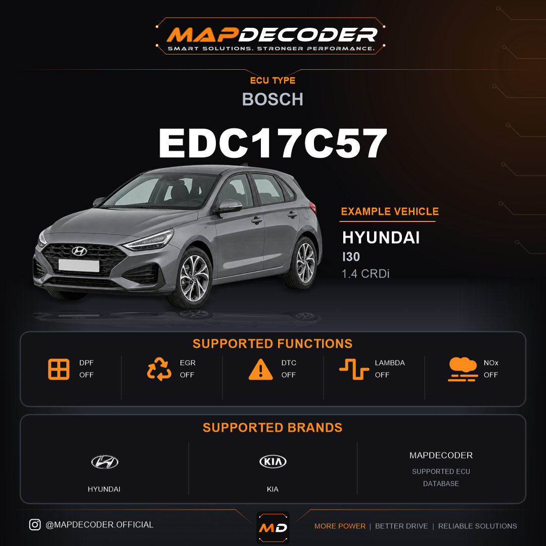 Bosch EDC17C57 ECU — supported tuning functions: DPF Off, EGR Off, Lambda / O2, MAF Off, NOx Off — 267 mapped DTC codes