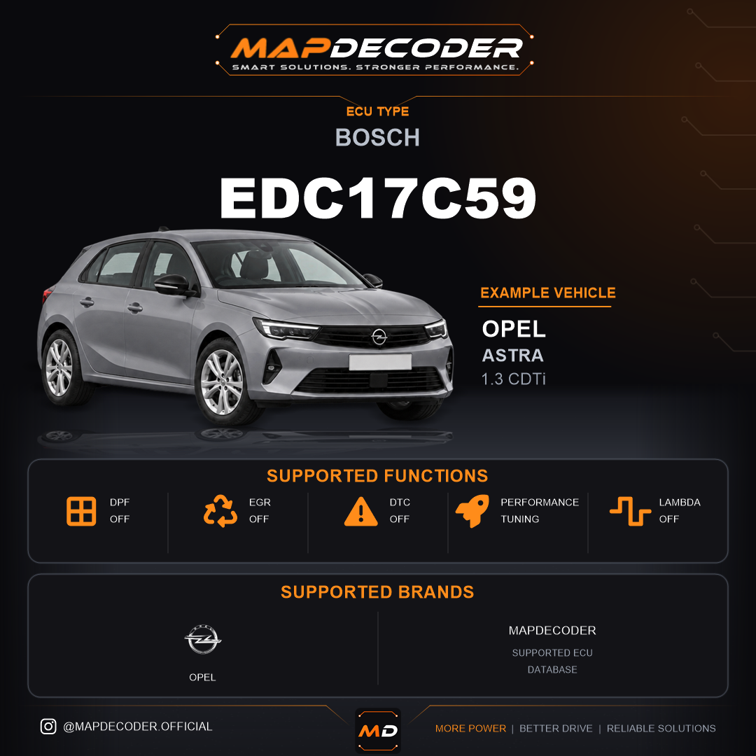 Bosch EDC17C59 ECU — supported tuning functions: Catalyst Off, DPF Off, EGR Off, Lambda / O2, MAF Off — 378 mapped DTC codes