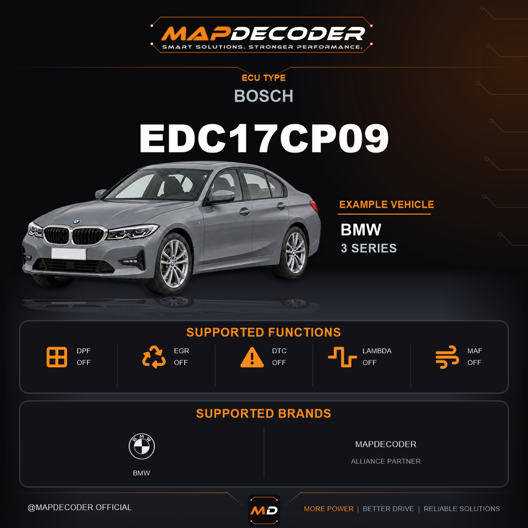 Bosch EDC17CP09 ECU — supported tuning functions: DPF Off, EGR Off, Lambda / O2, MAF Off — 1,068 mapped DTC codes