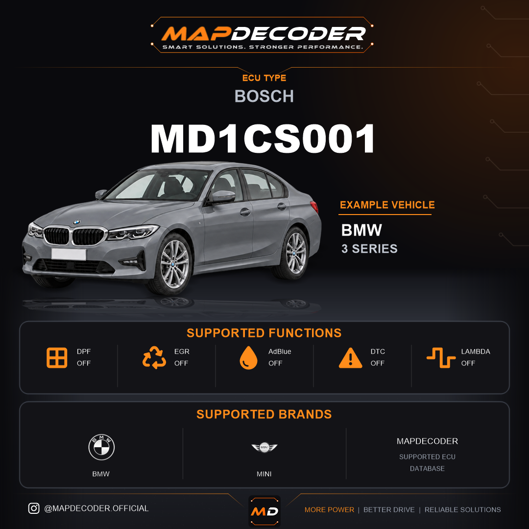 Bosch MD1CS001 ECU — supported tuning functions: AdBlue / SCR Off, DPF Off, EGR Off, Lambda / O2, MAF Off — 1,641 mapped DTC codes