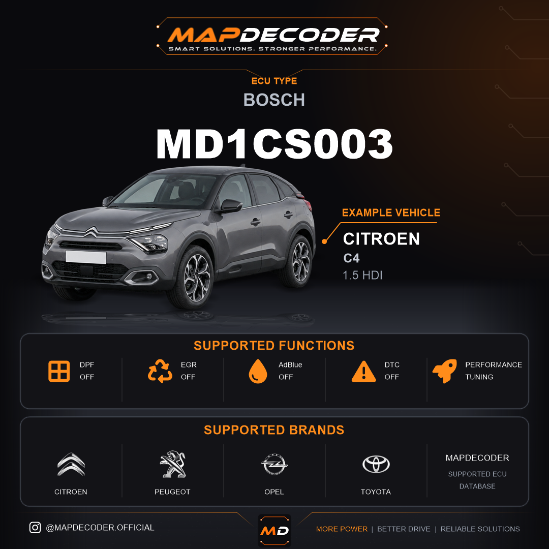 Bosch MD1CS003 ECU — supported tuning functions: AdBlue / SCR Off, Additive (Eolys) Off, Catalyst Off, DPF Off, EGR Off — 559 mapped DTC codes