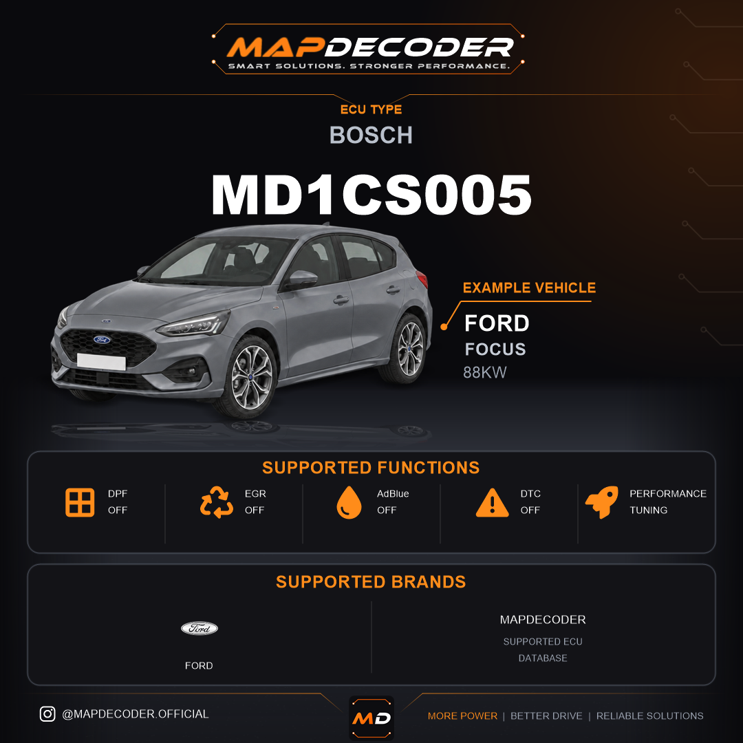 Bosch MD1CS005 ECU — supported tuning functions: AdBlue / SCR Off, Catalyst Off, DPF Off, EGR Off, Lambda / O2 — 426 mapped DTC codes