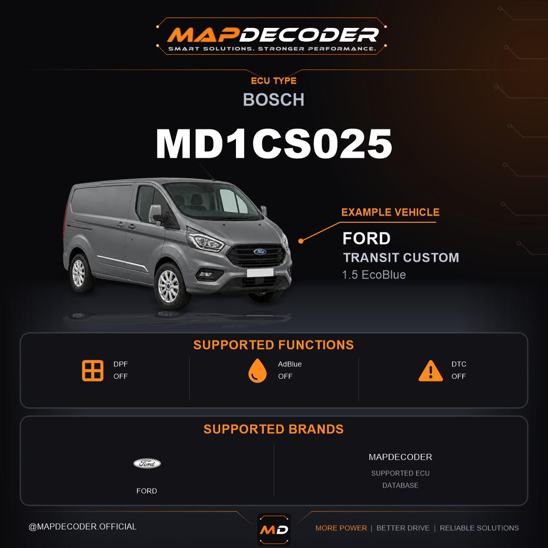 Bosch MD1CS025 ECU — supported tuning functions: AdBlue / SCR Off, DPF Off — 361 mapped DTC codes