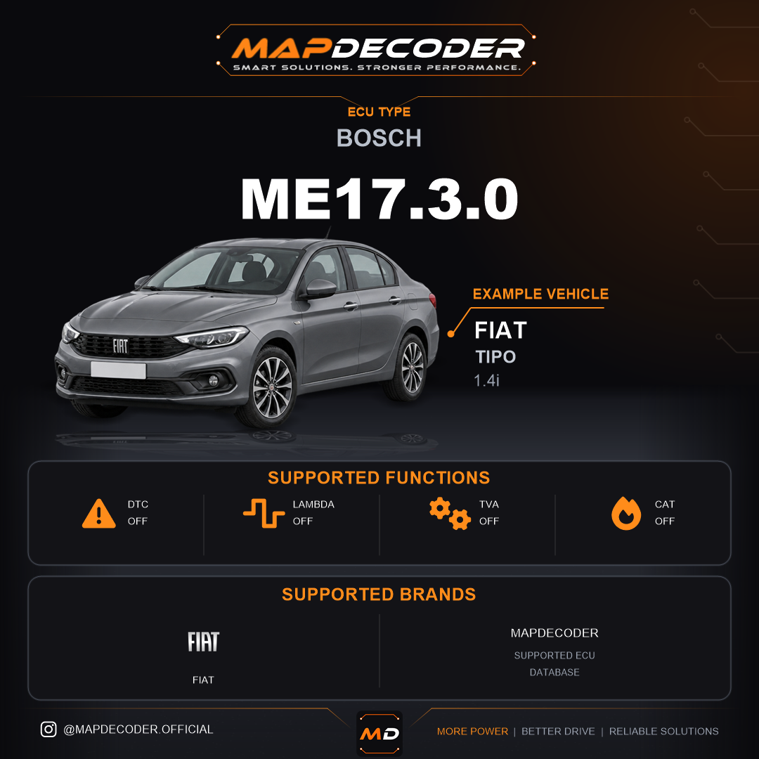 Bosch ME17.3.0 ECU — supported tuning functions: Catalyst Off, Lambda / O2, Throttle Valve (TVA) — 215 mapped DTC codes