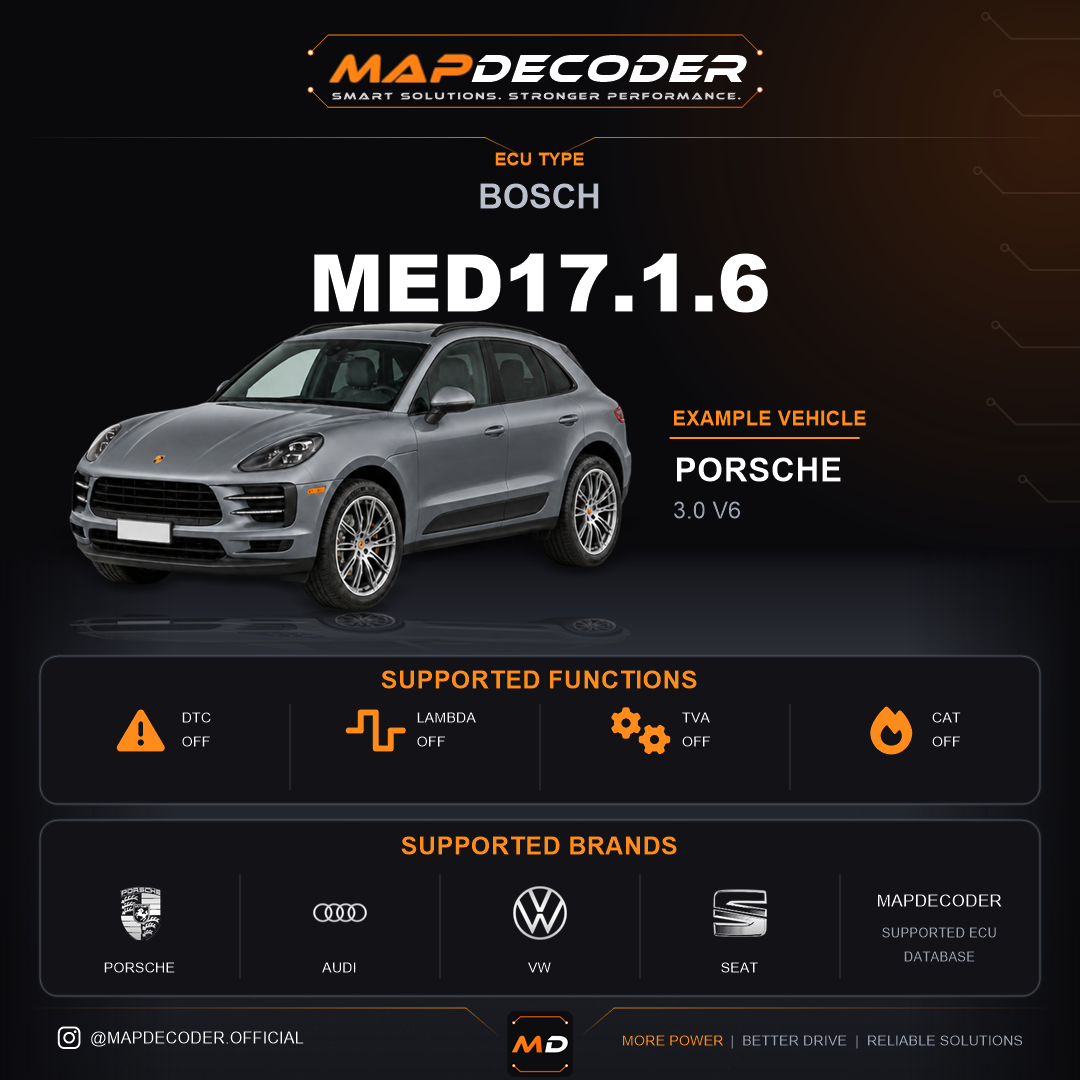 Bosch MED17.1.6 ECU — supported tuning functions: Catalyst Off, Lambda / O2, Throttle Valve (TVA) — 450 mapped DTC codes