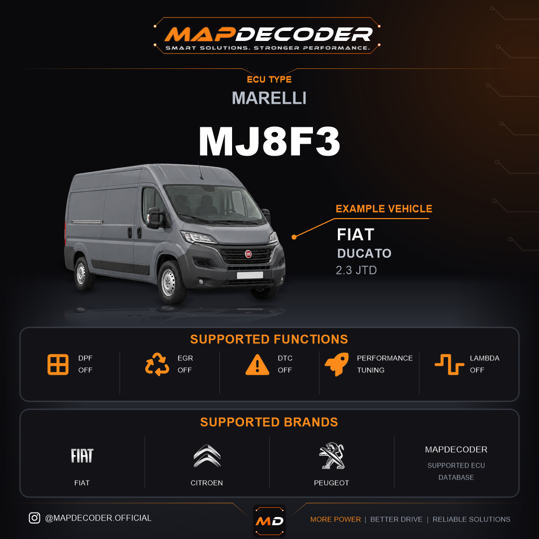 Marelli MJ8F3 ECU — supported tuning functions: DPF Off, EGR Off, Lambda / O2, MAF Off, Speed Limiter (VMAX) Off — 174 mapped DTC codes