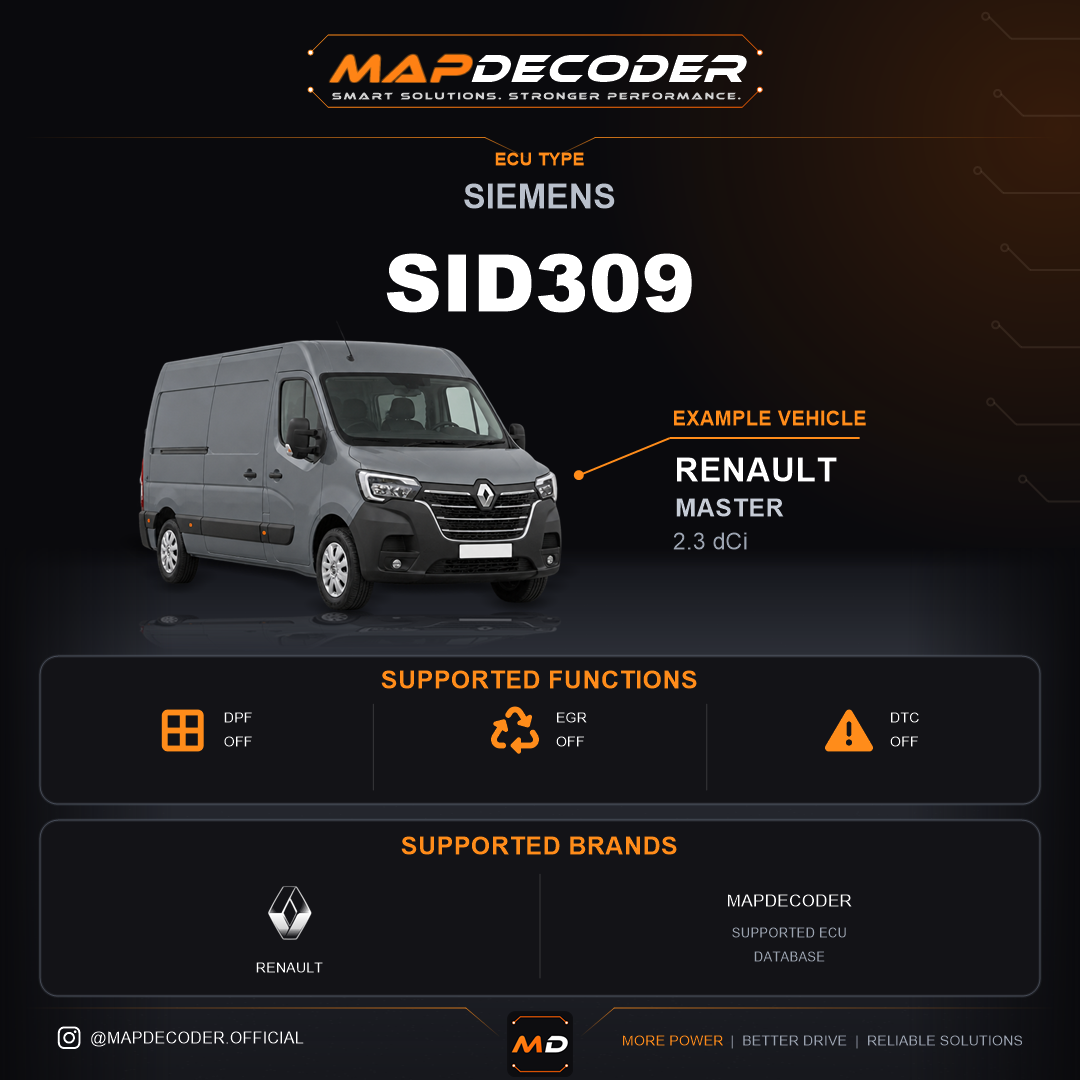Siemens SID309 ECU — supported tuning functions: DPF Off, EGR Off — 228 mapped DTC codes